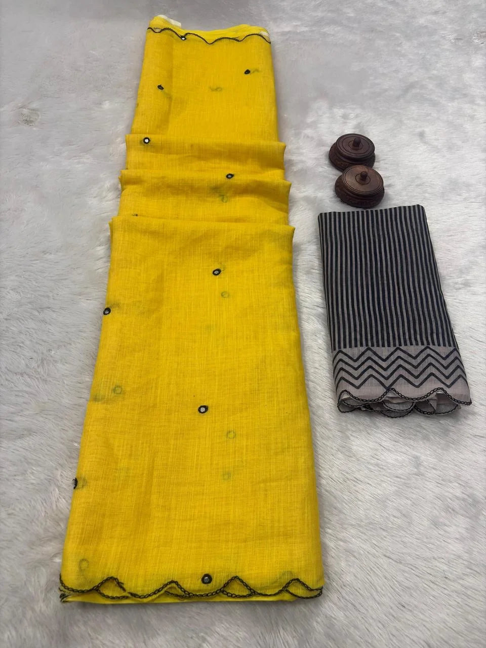 Celebrity Inspired Soft Linen Chanderi Cotton Printed Saree with Foil Mirror & Aari Work Border Elegance