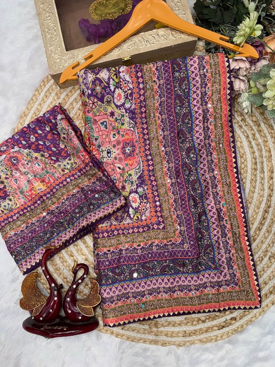 Outstanding Multicolor Chinon Silk Printed Mirror Work Saree