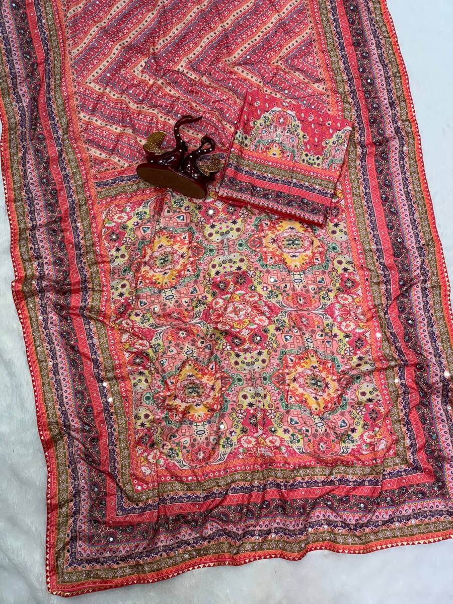 Fantabulous Multicolor Chinon Silk Printed Mirror Work Saree