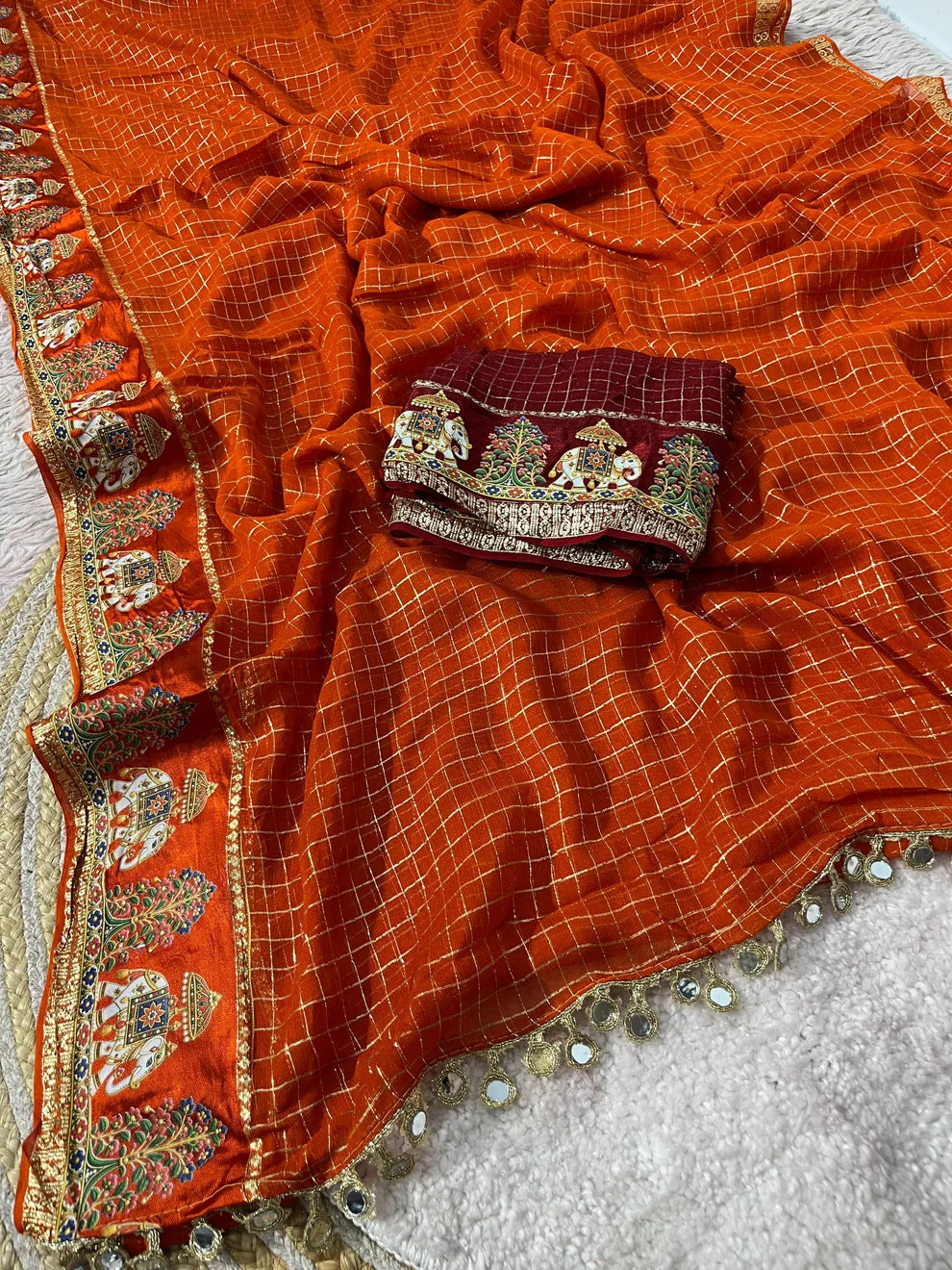 Designer Viscose Saree with Multicolour Thread & Mirror Work - ORANGE