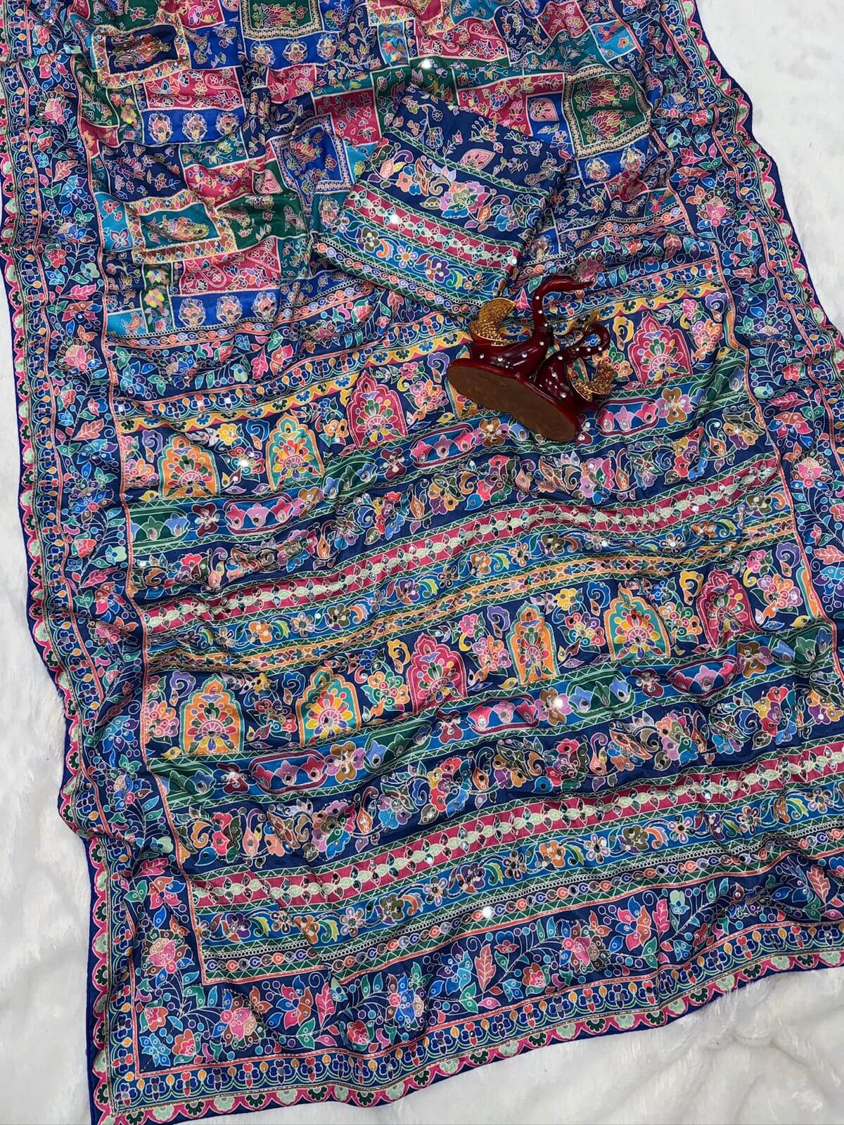 Vibrant Multicolor Chinon Silk Printed Mirror Work Saree