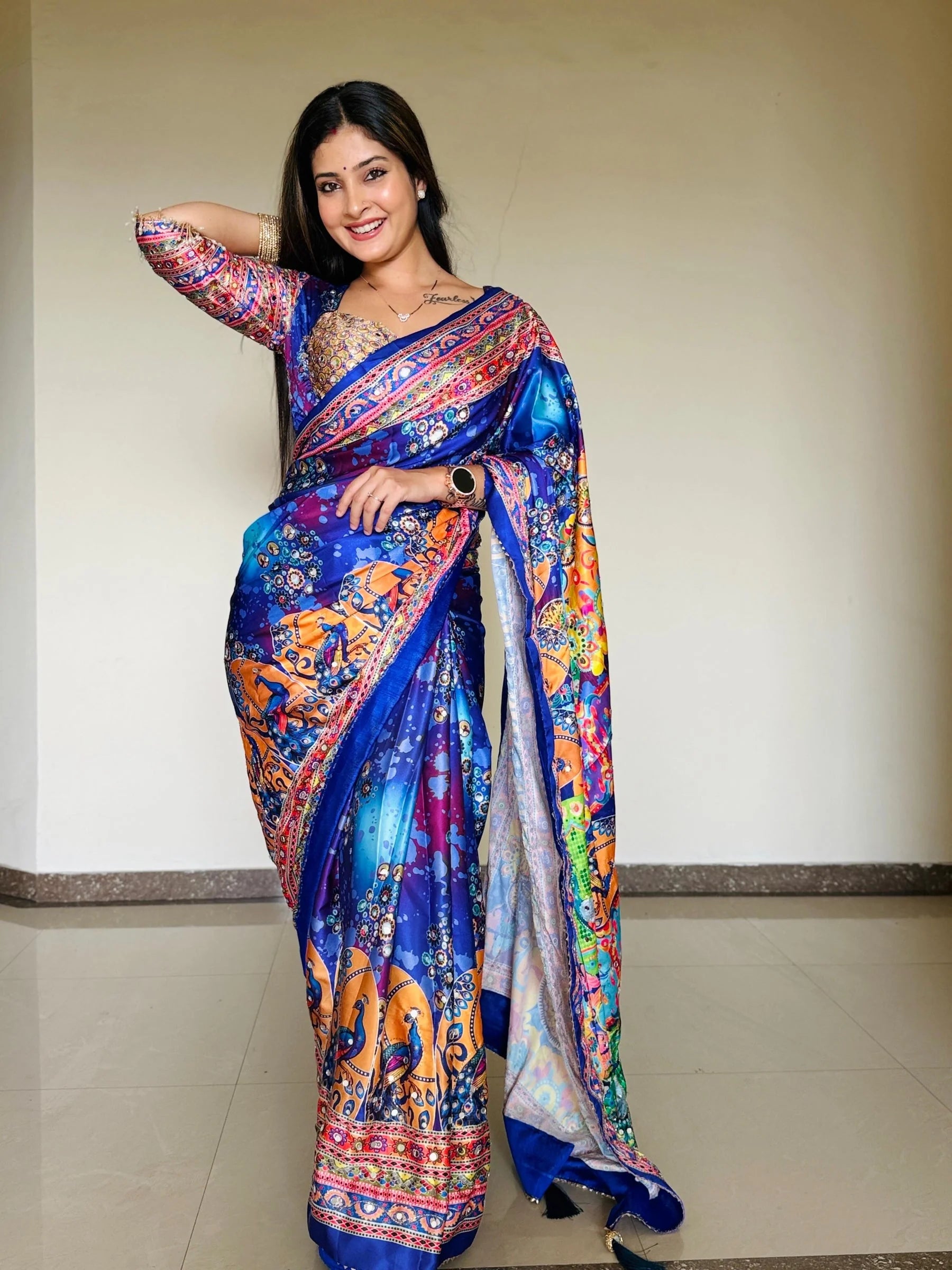 Zephyr Multicolor Chinon Silk Printed Mirror Work Saree - BLUE