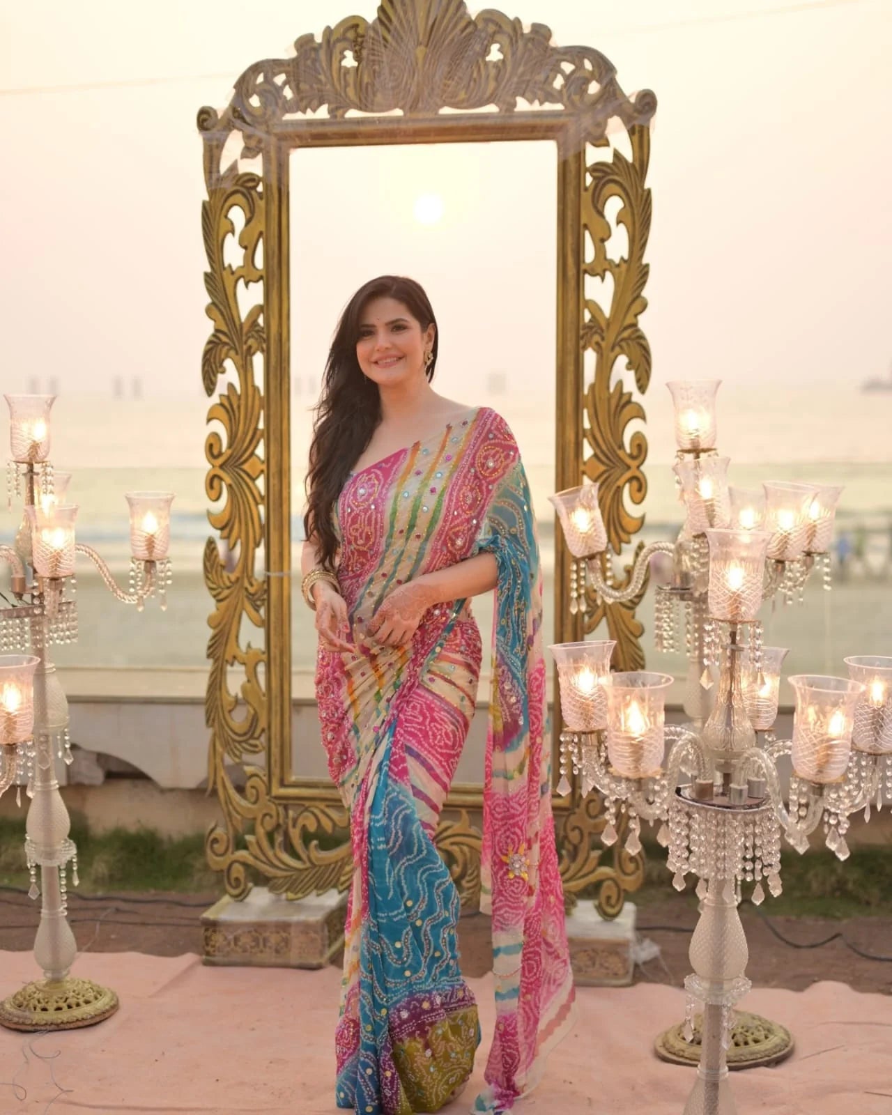Delightful Multicolor Chinon Silk Printed Mirror Work Saree