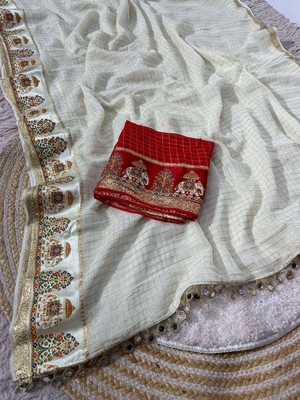 Designer Viscose Saree with Multicolour Thread & Mirror Work -  WHITE
