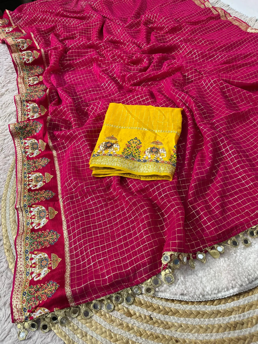 Designer Viscose Saree with Multicolour Thread & Mirror Work -  PINK