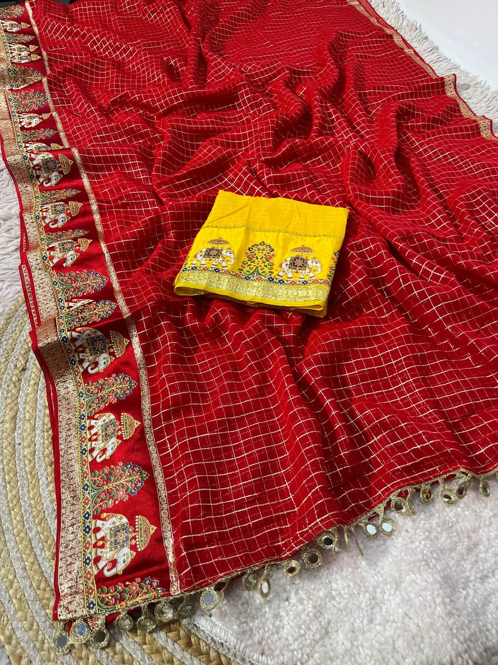 Designer Viscose Saree with Multicolour Thread & Mirror Work -  RED