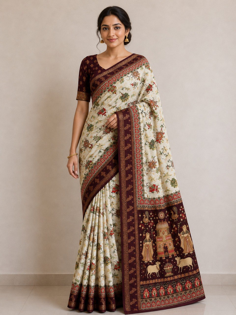 Temple-Tree Heritage Kalamkari Silk Saree with  Zari Border - BROWN