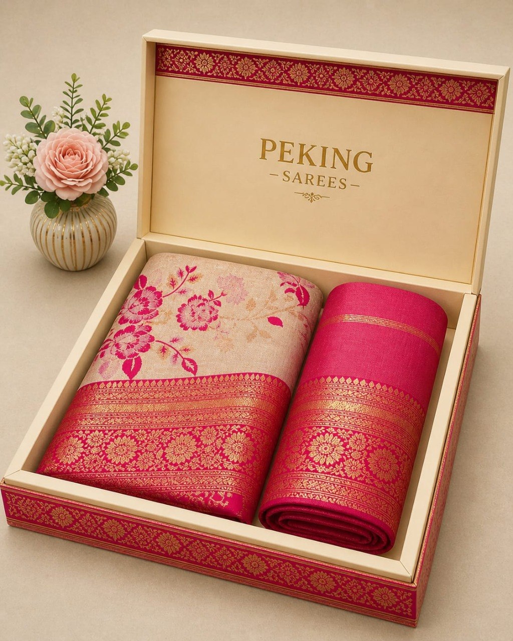 Elegant Floral Banarasi Silk Saree with Rich Zari Border & Pallu -PINK