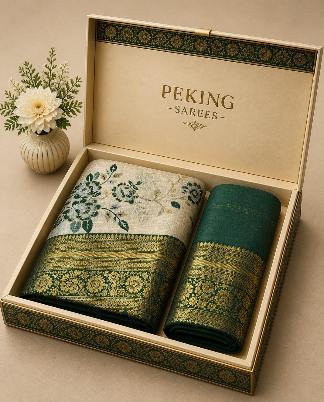 Elegant Floral Banarasi Silk Saree with Rich Zari Border & Pallu -GREEN