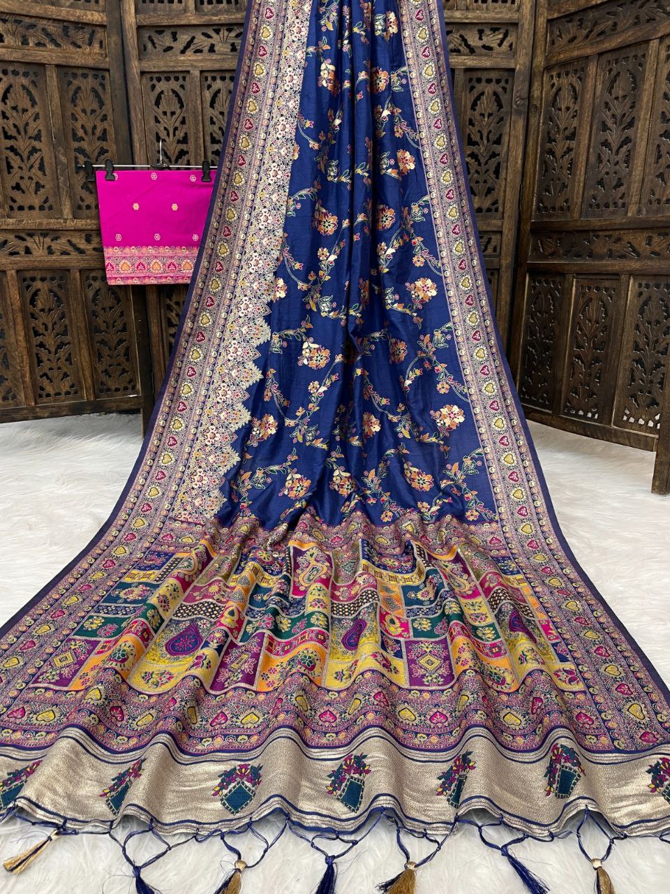 Traditional multicolor Patola-inspired pallu and border -DARK BLUE