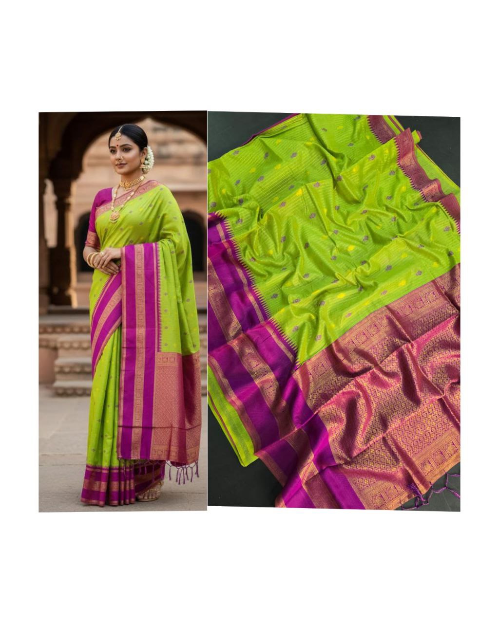 Gulmohar Premium Weave Saree - PERROT AND PINK