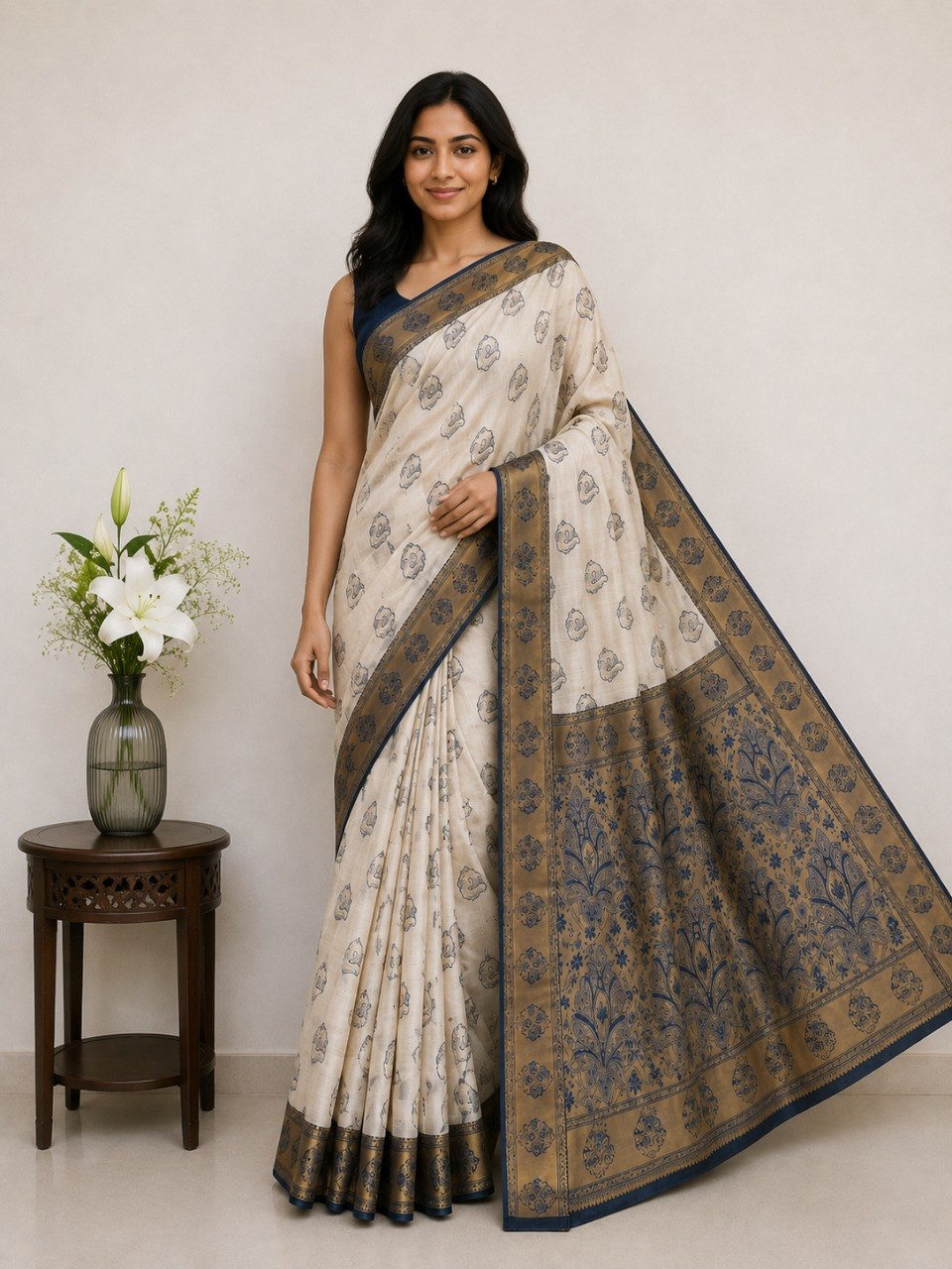 Classic Ivory Saree with Woven Zari Pallu -BLUE