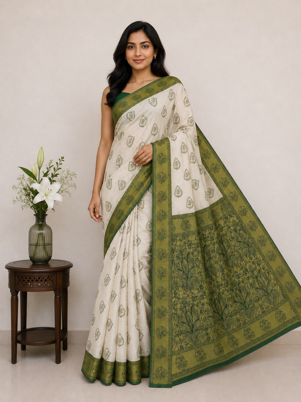 Classic Ivory Saree with Woven Zari Pallu -GREEN