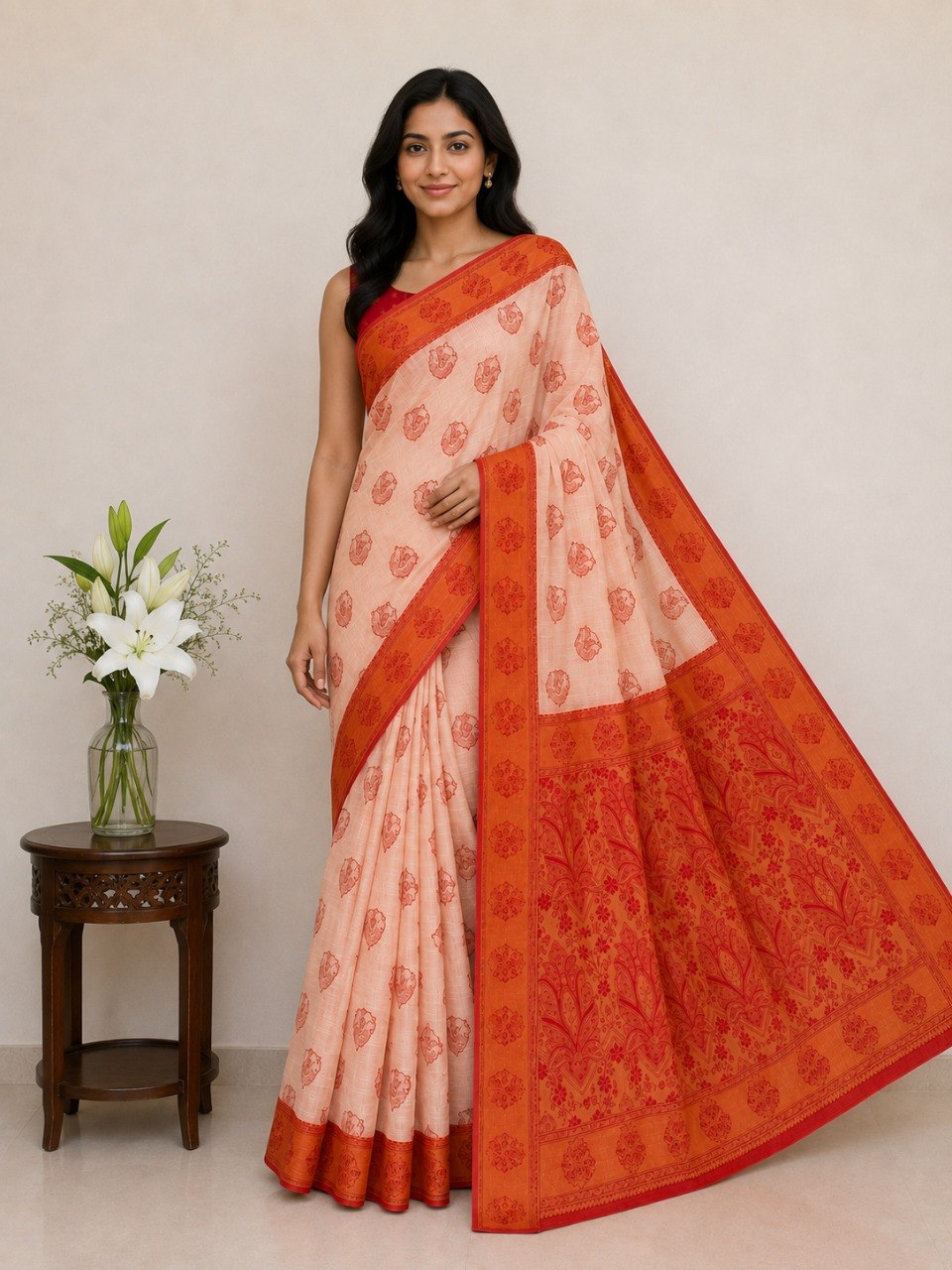 Classic Ivory Saree with Woven Zari Pallu -ORANGE