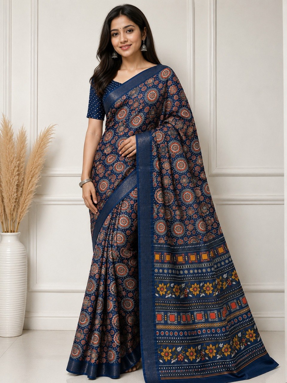Royal Mandala Premium Silk Blend Saree with Elegant Zari Border - BLUE