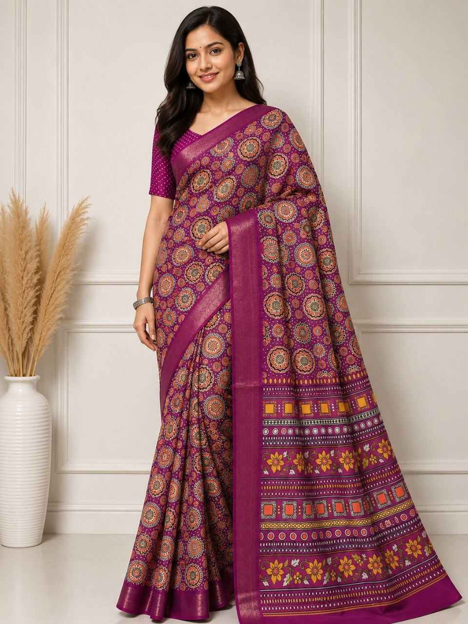 Royal Mandala Premium Silk Blend Saree with Elegant Zari Border - DARK PINK