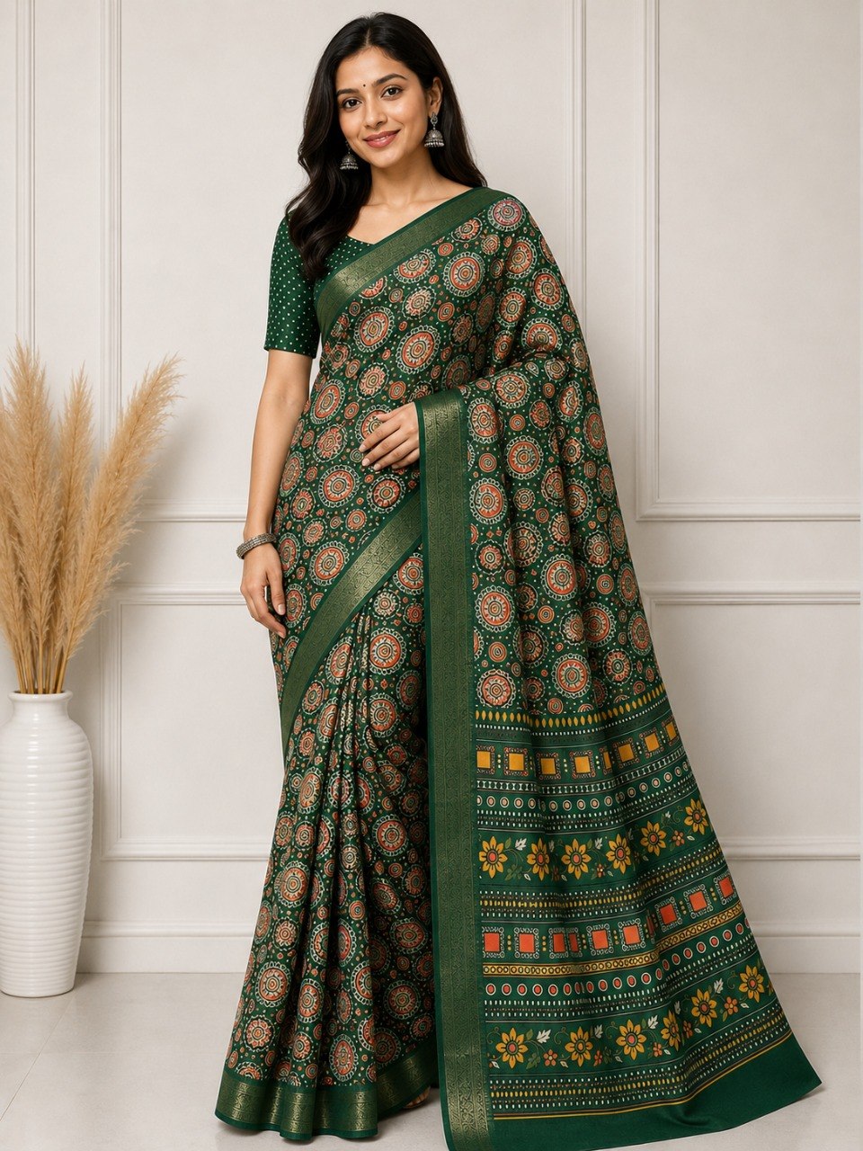 Royal Mandala Premium Silk Blend Saree with Elegant Zari Border - GREEN