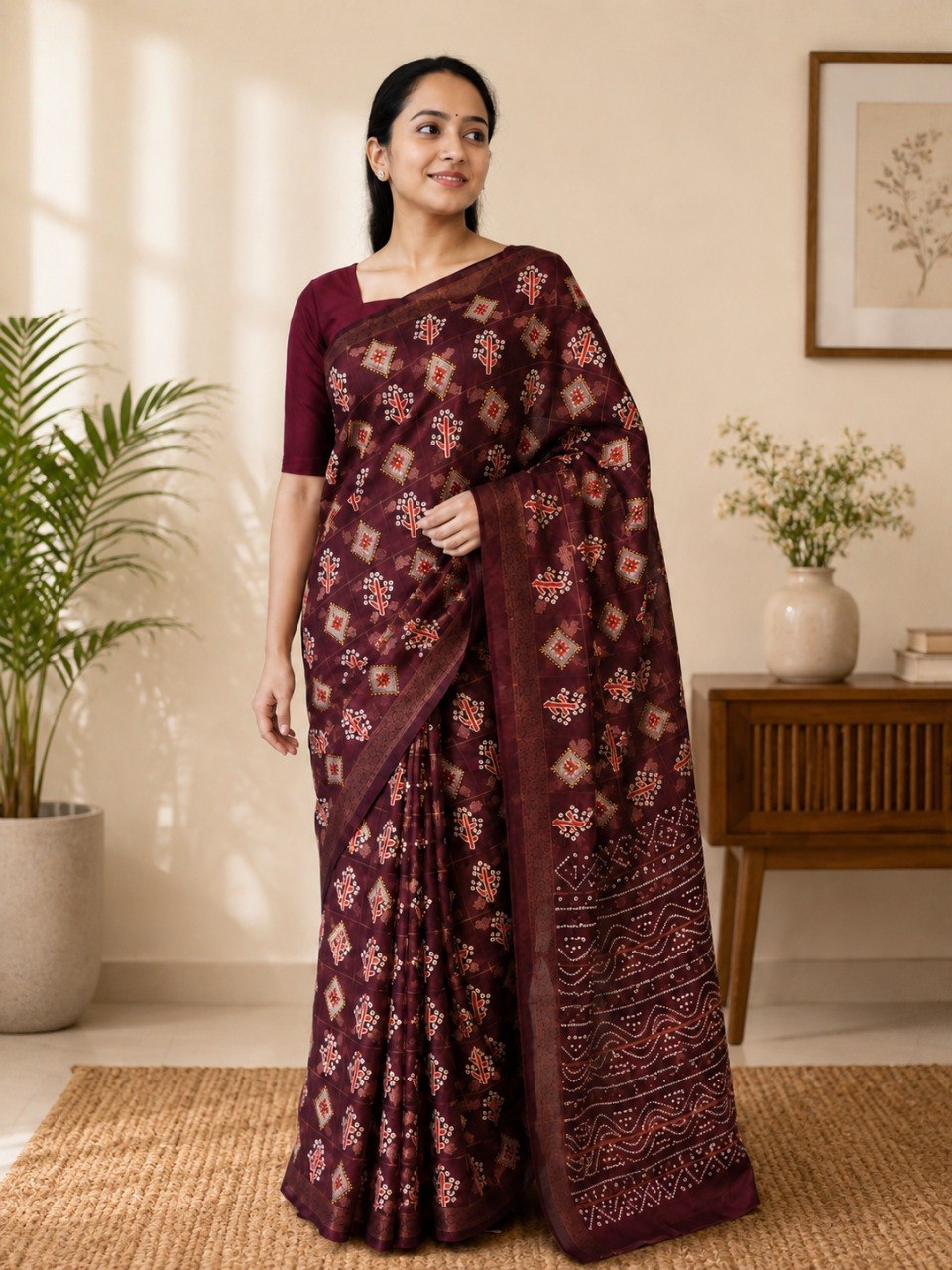 Emerald Heritage Soft Cotton Printed Saree with Elegant Zari Border - MAROON
