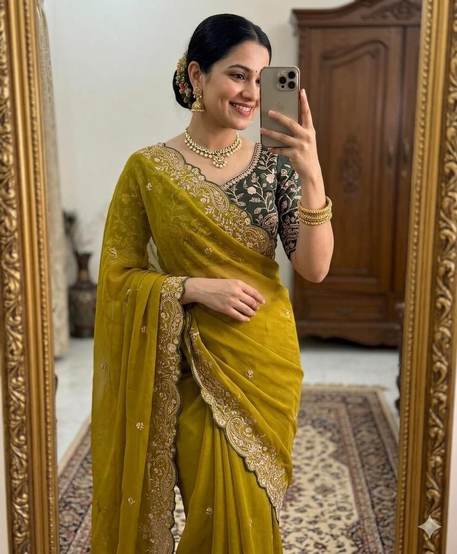 Moonlit Elegance Premium Star Georgette Saree With Multi Embroidery Designer Border - DARK YELLOW