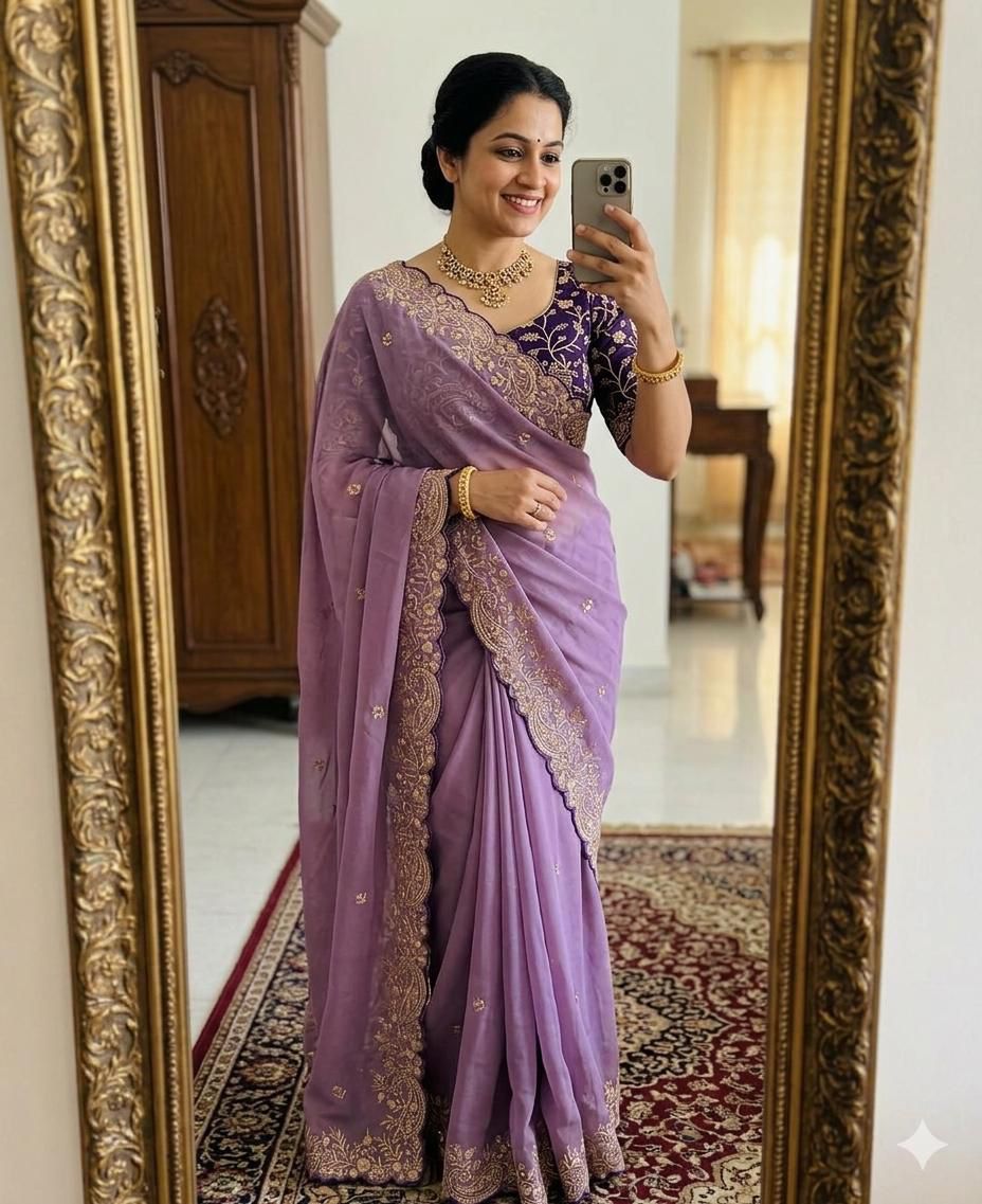 Moonlit Elegance Premium Star Georgette Saree With Multi Embroidery Designer Border - LIGHT PURPLE