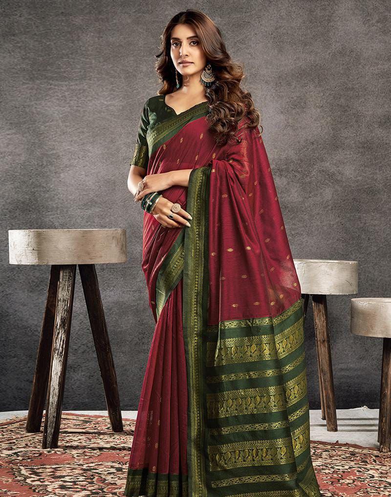 Royal Aqua Temple Border Saree - MAROON