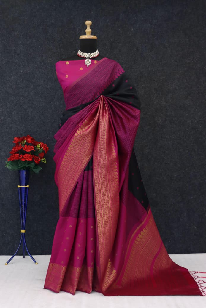 Royal Magenta & Midnight Black Heritage Silk Saree with Antique Gold Zari Border -BLACK&PINK
