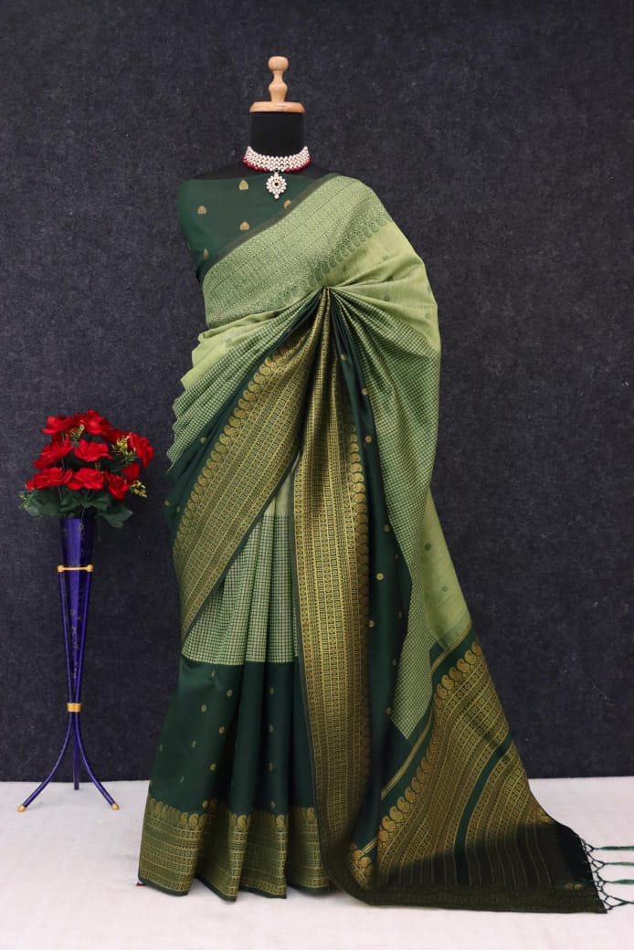 Royal Magenta & Midnight Black Heritage Silk Saree with Antique Gold Zari Border - GREEN