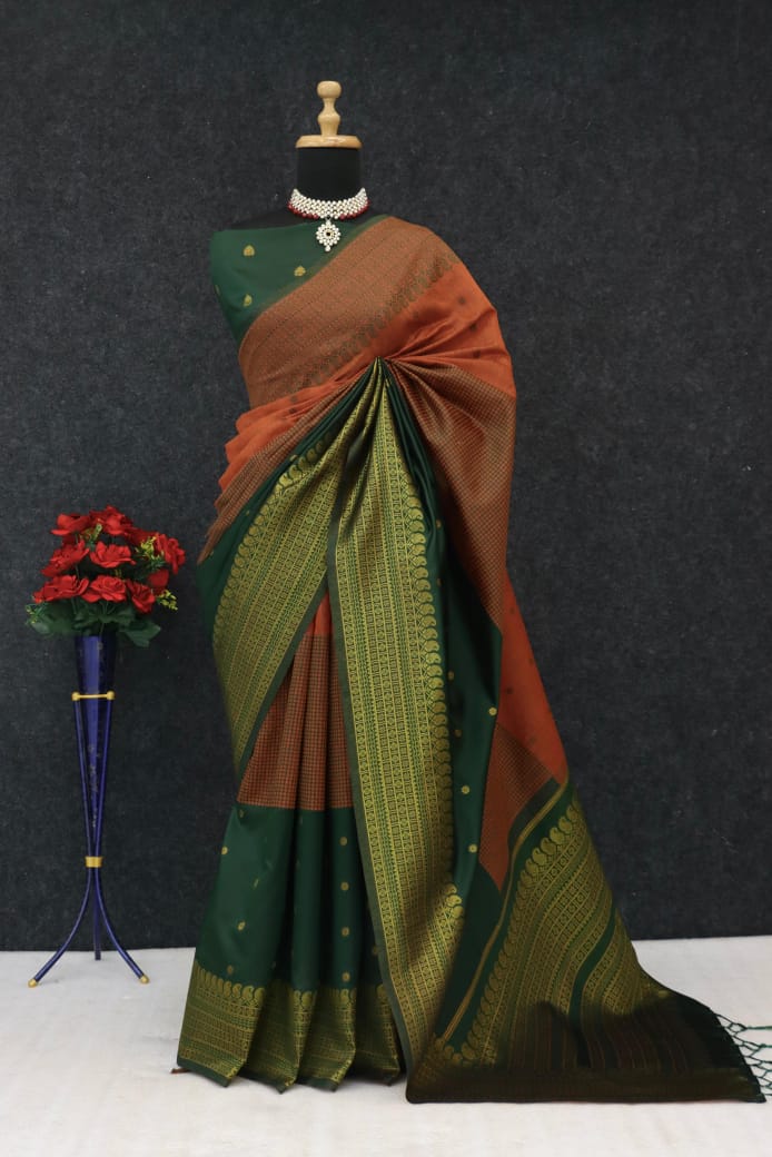 Royal Magenta & Midnight Black Heritage Silk Saree with Antique Gold Zari Border - ORANGE & GREEN