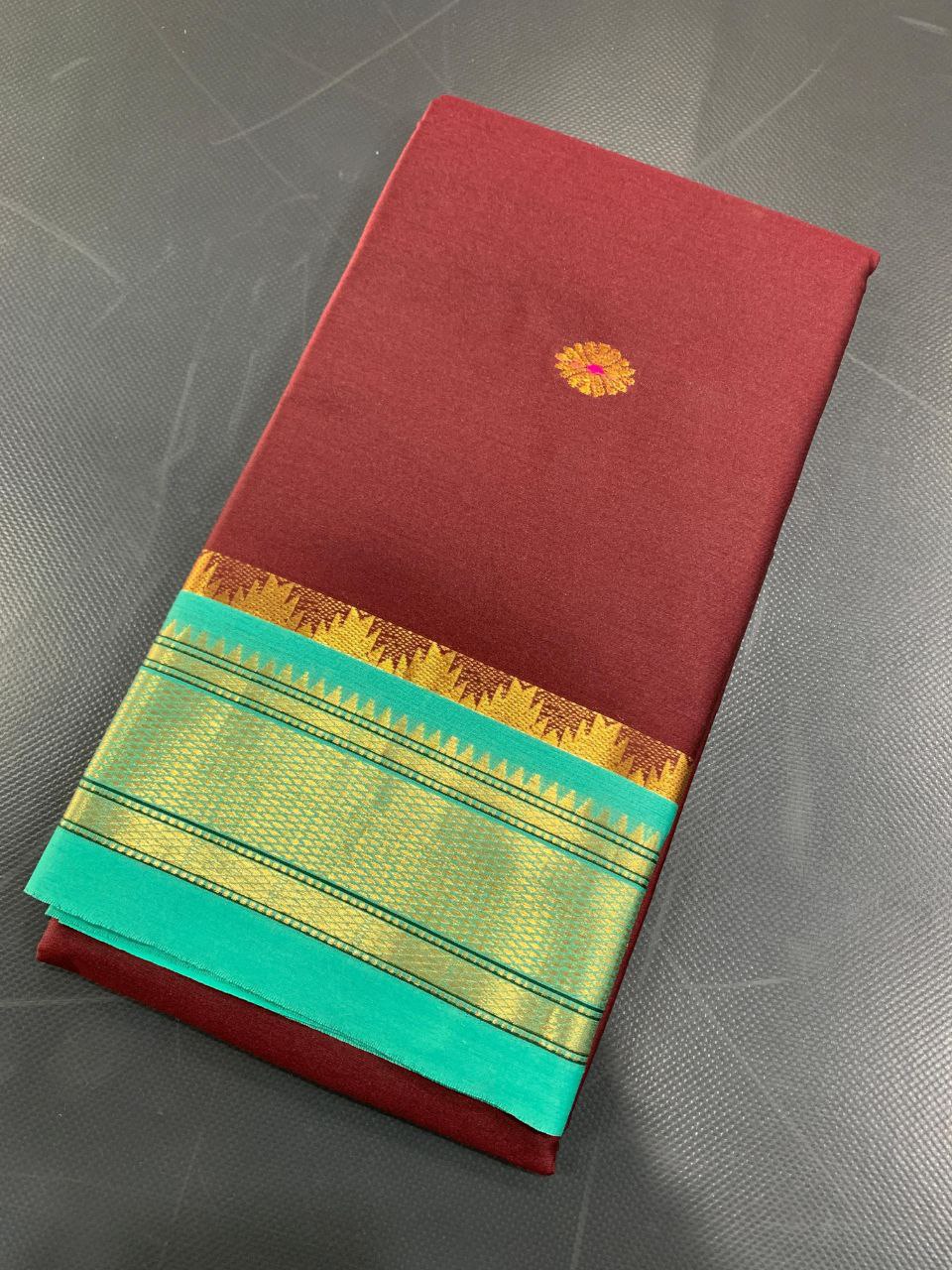 Royal Vasundhara Aura Silk Saree with Elegant Contrast Blouse - BROWN AND SKY
