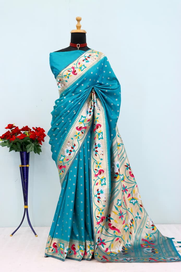Royal Olive Paithani Banarasi Soft Silk Saree - SKY