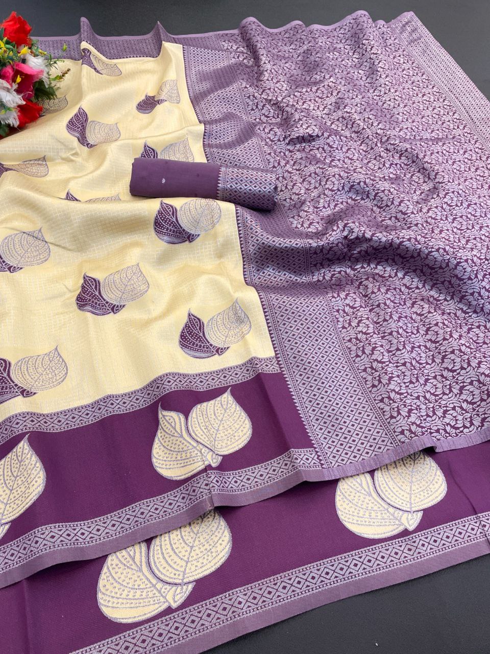 Premium Tissue Silk Kanjivaram Saree with Copper Zari - YELLOW & WINE