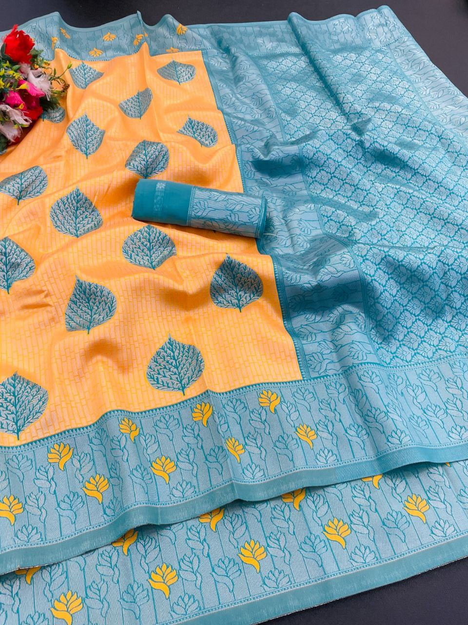 Premium Tissue Silk Kanjivaram Saree with Copper Zari - ORANGE & SKY