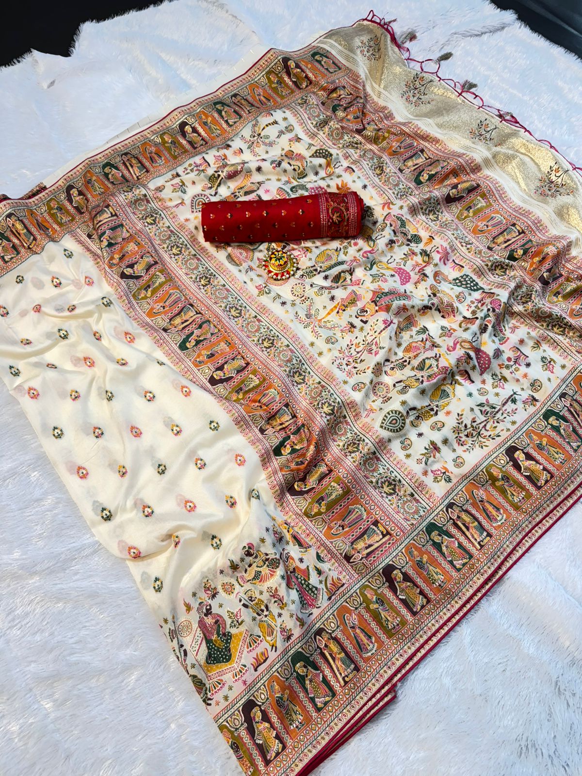Mustard  Paithani Print Saree - WHITE