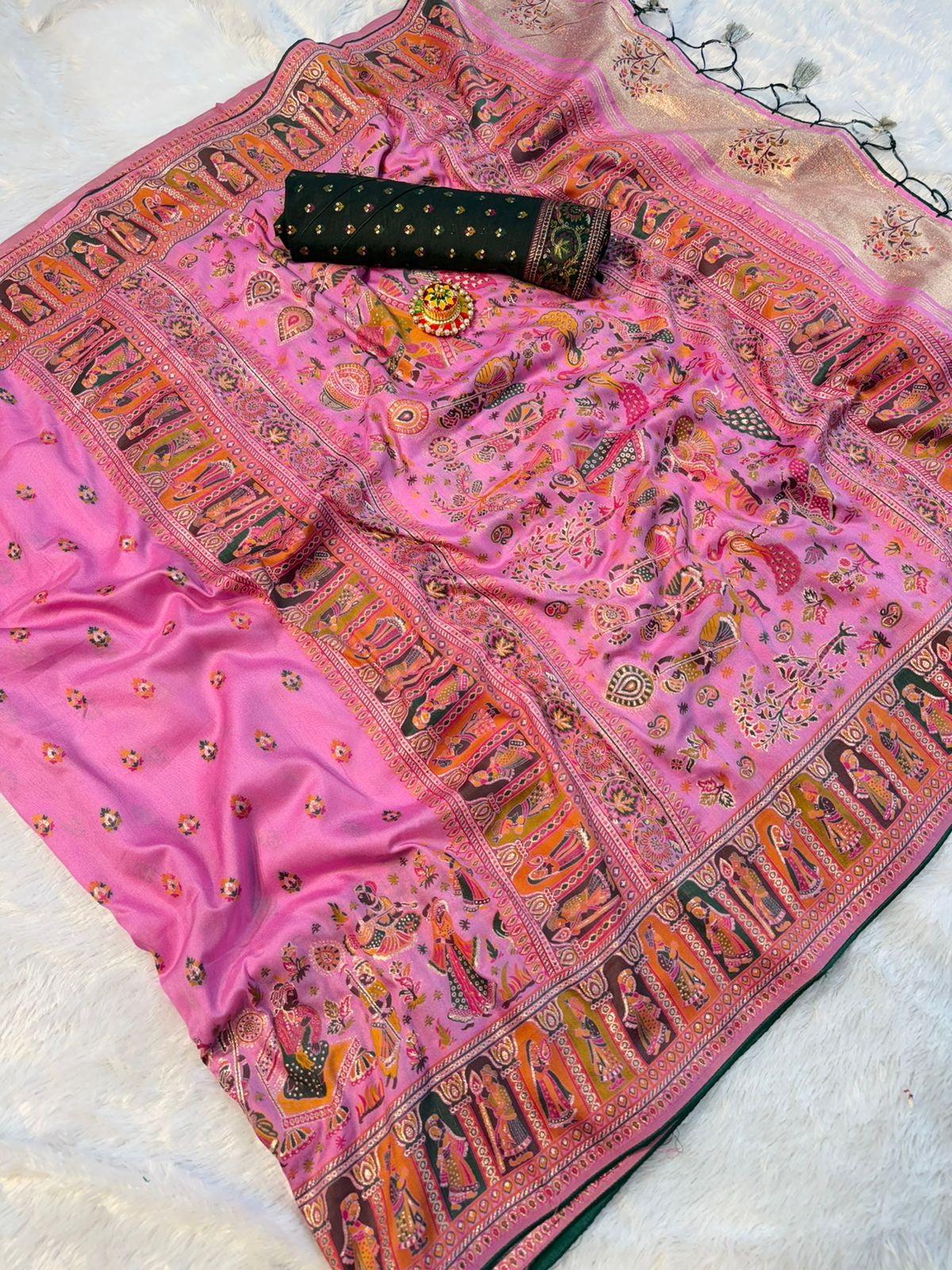 Mustard  Paithani Print Saree - PINK