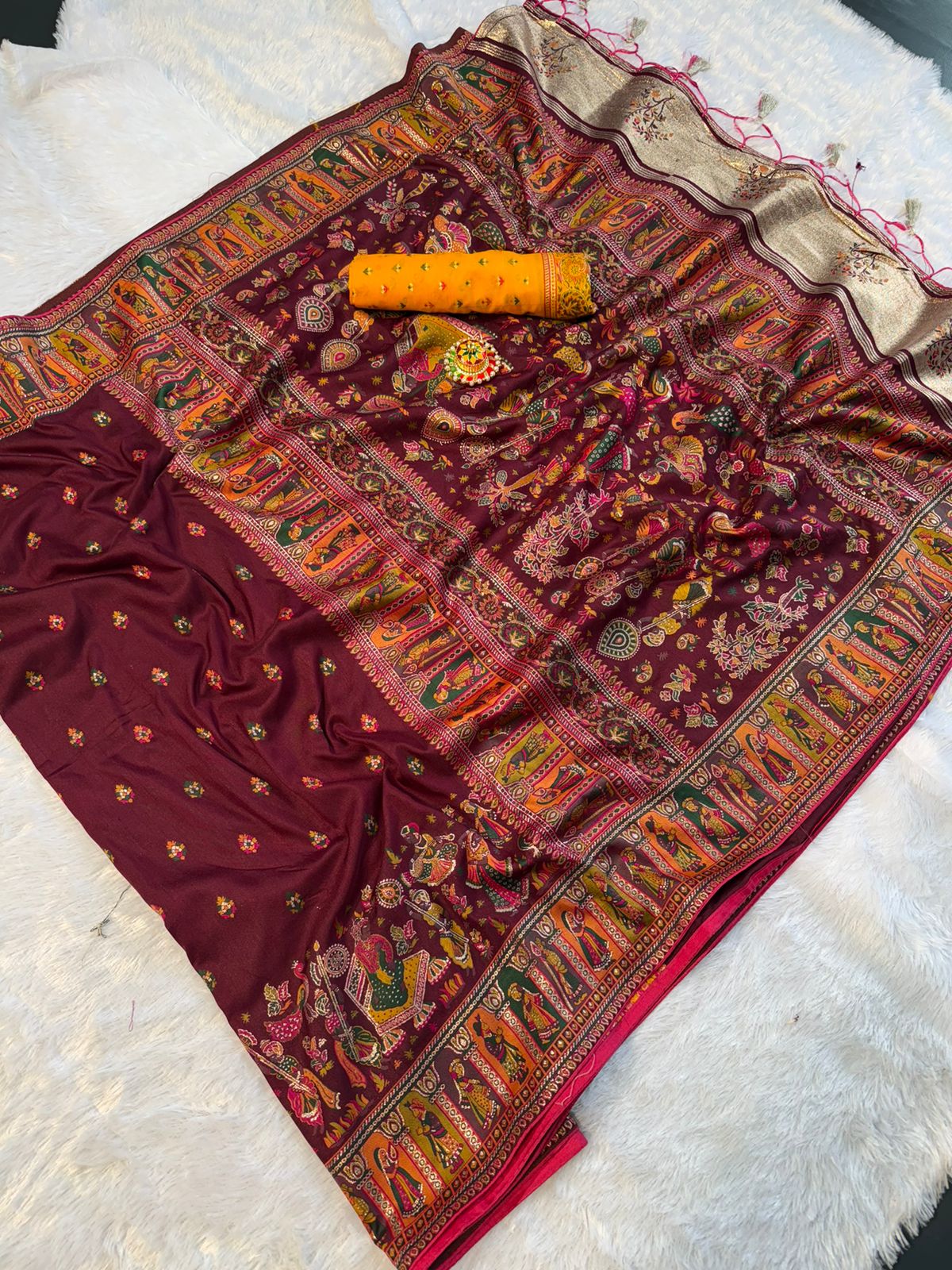Mustard  Paithani Print Saree - MAROON