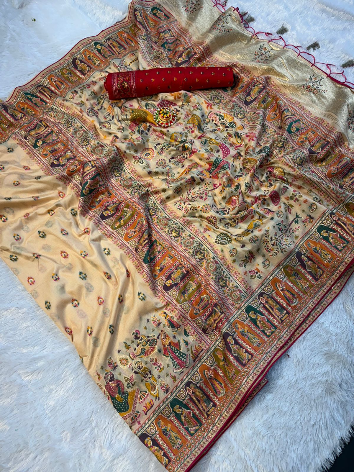 Mustard  Paithani Print Saree - OFF WHITE