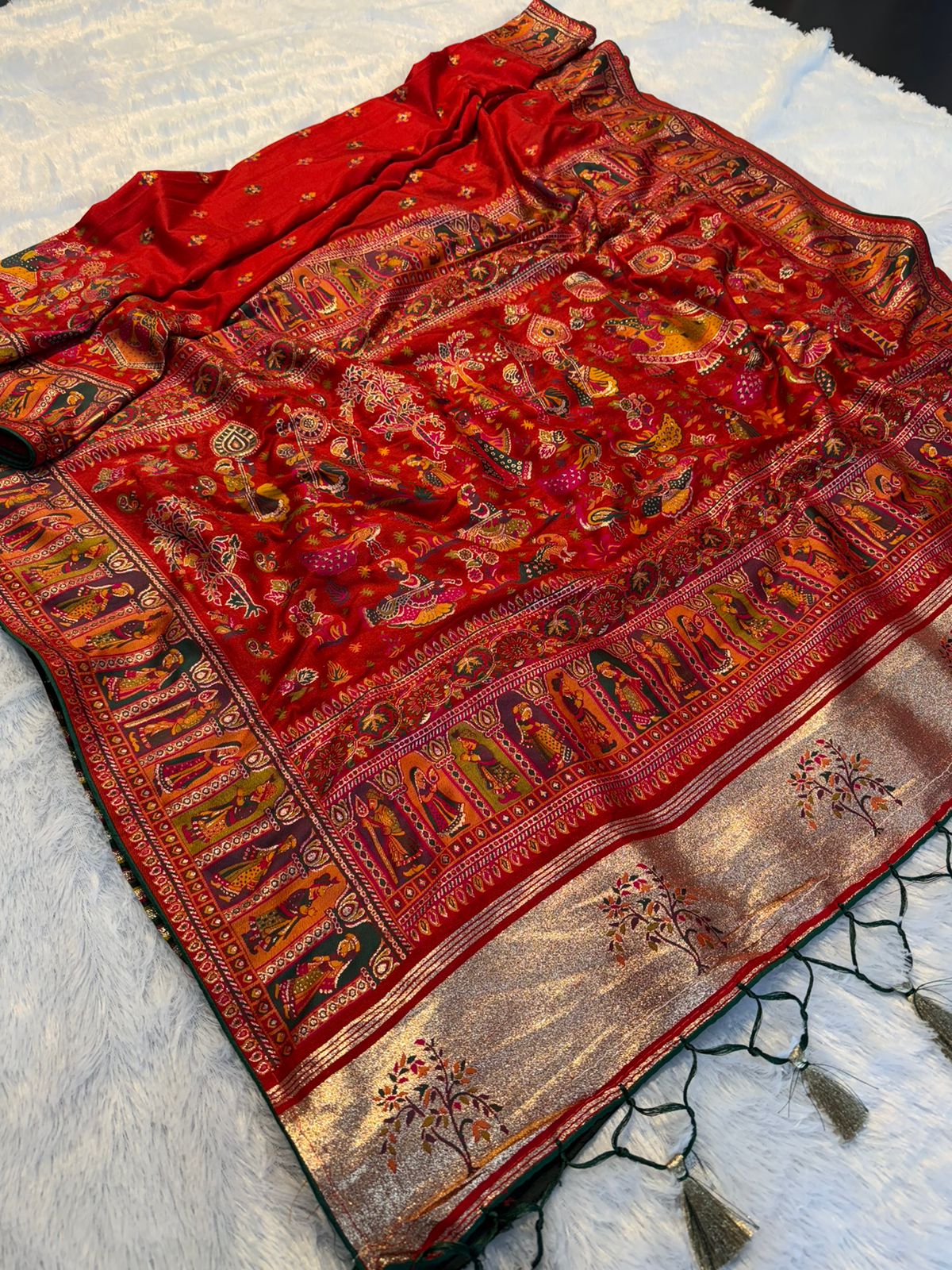 Mustard  Paithani Print Saree - RED