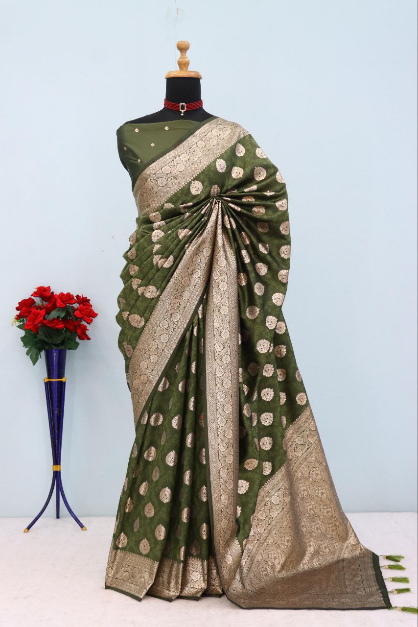 Emerald Olive Brocade Banarasi Saree - MAHENDI