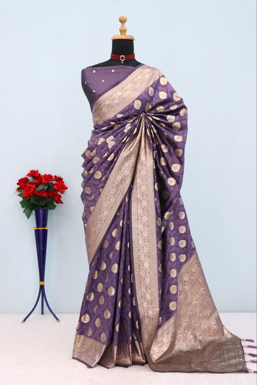 Emerald Olive Brocade Banarasi Saree - PURPLE