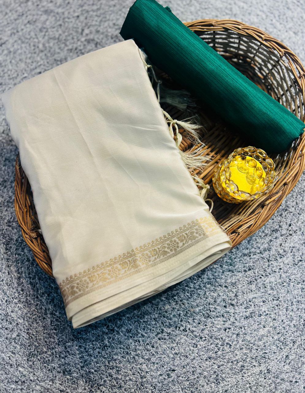 Elegant Off White Pure Shatin Silk Saree With Contrast Blouse - GREEN