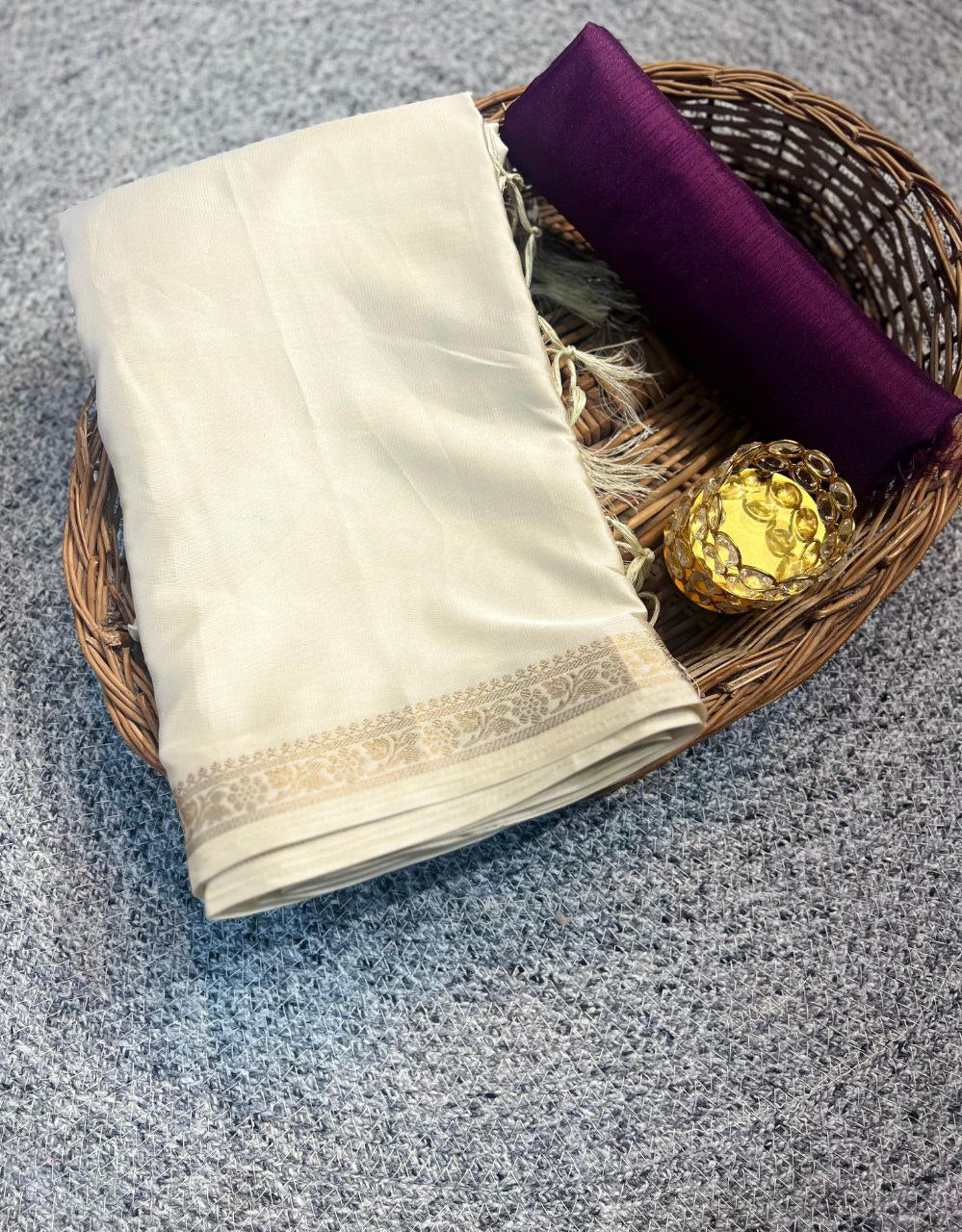 Elegant Off White Pure Shatin Silk Saree With Contrast Blouse - WINE