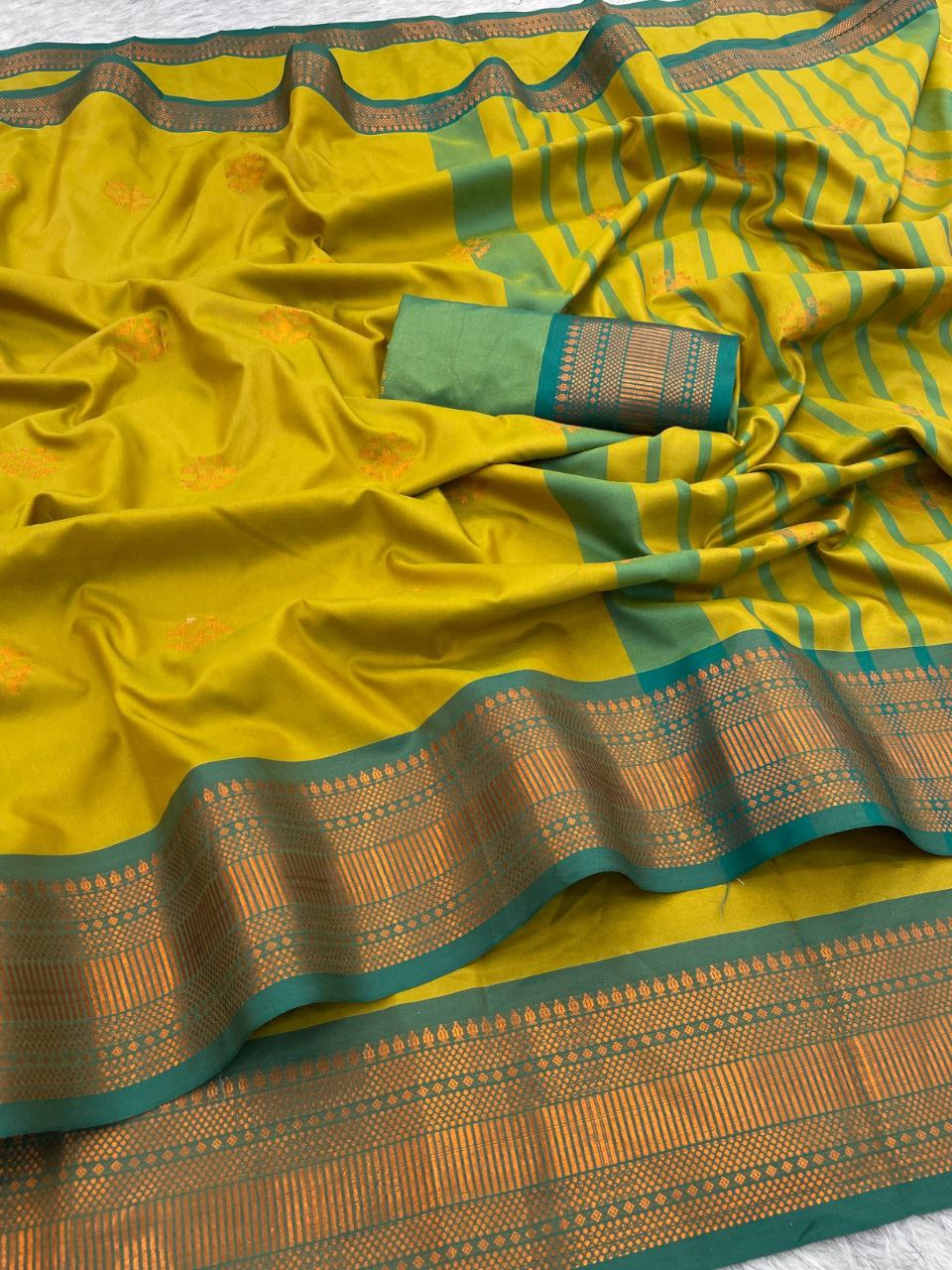 Premium Soft Banarasi Silk  Saree and Copper Zari & Rich Pallu with Contrast Blouse- YELLOW