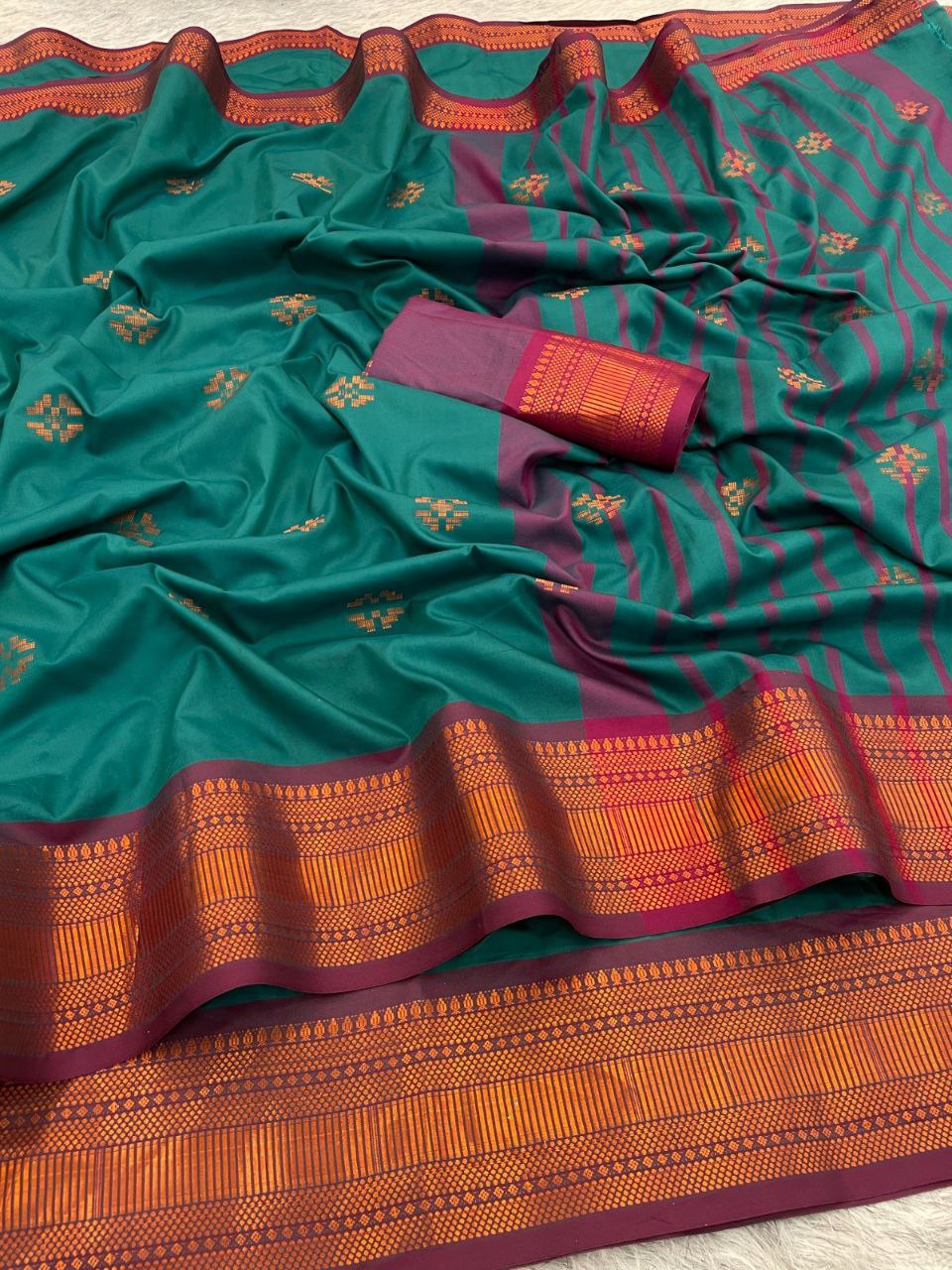 Premium Soft Banarasi Silk  Saree and Copper Zari & Rich Pallu with Contrast Blouse- RAMA