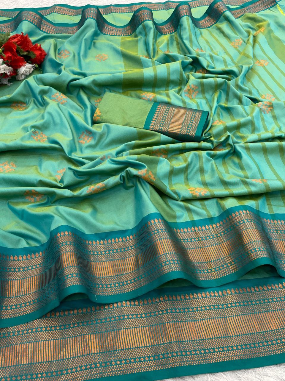 Premium Soft Banarasi Silk  Saree and Copper Zari & Rich Pallu with Contrast Blouse- PISTA