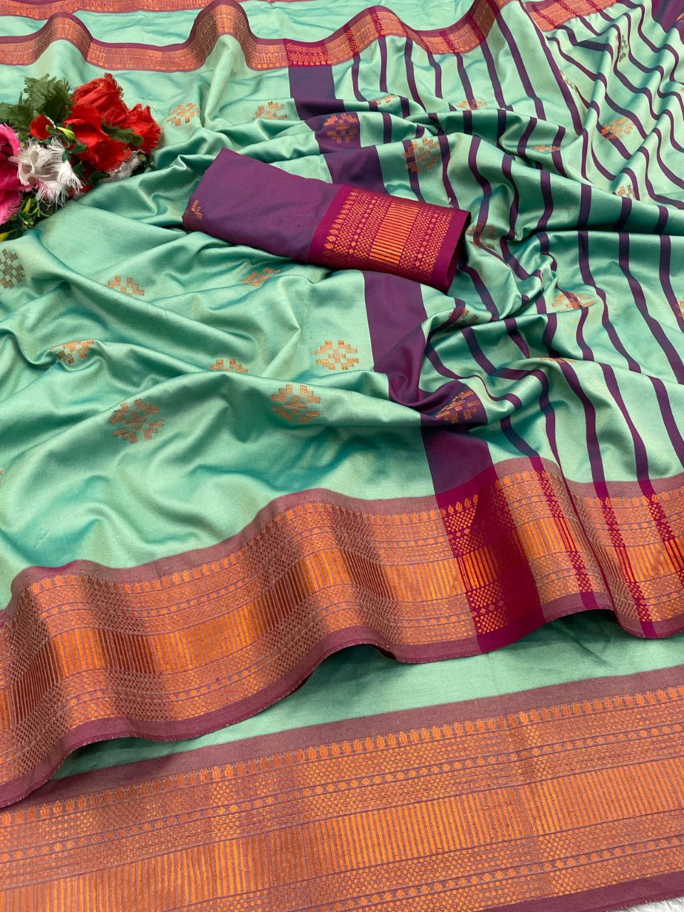 Premium Soft Banarasi Silk  Saree and Copper Zari & Rich Pallu with Contrast Blouse- SEA GREEN
