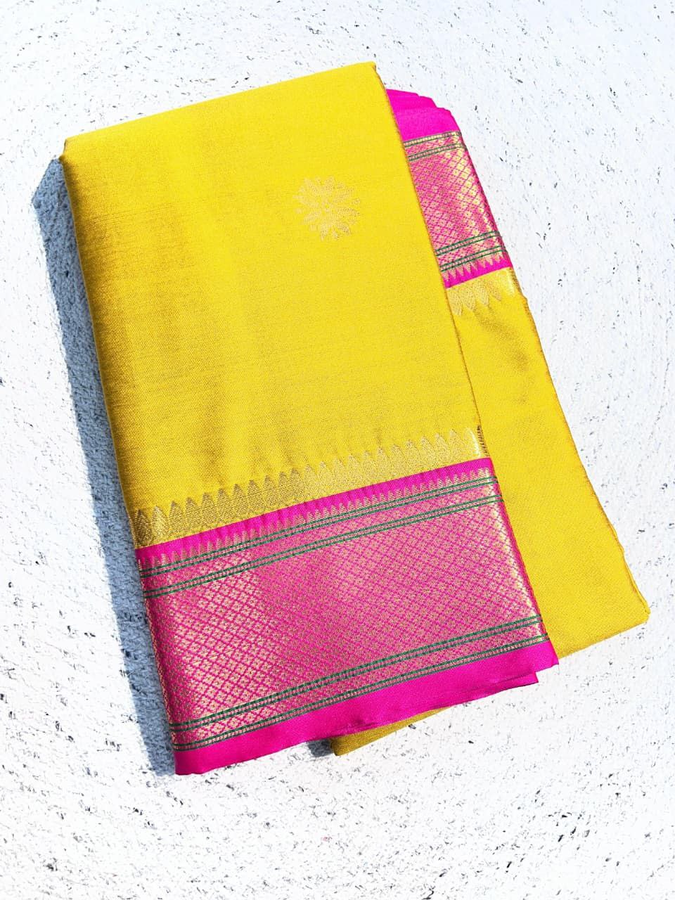 Elegant Aura Silk Saree with Rich Zari Weaving Border & Unstitched Blouse –  YELLOW AND PINK