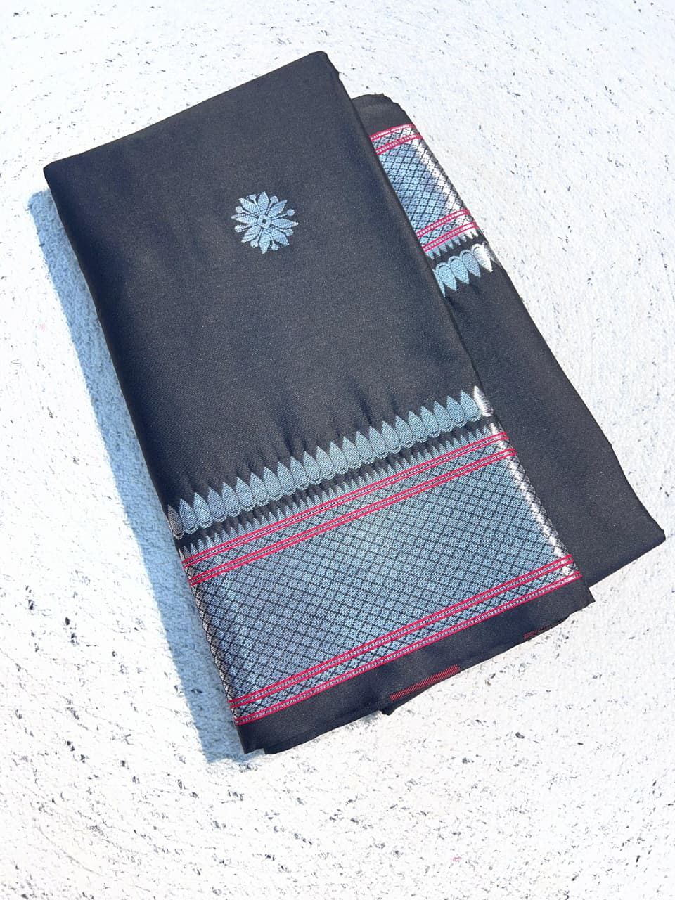 Elegant Aura Silk Saree with Rich Zari Weaving Border & Unstitched Blouse –  BLACK AND SKY