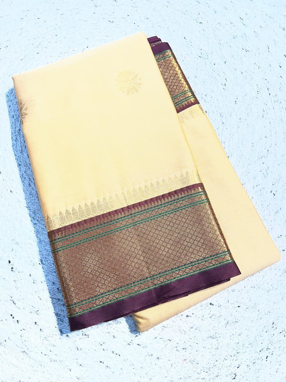 Elegant Aura Silk Saree with Rich Zari Weaving Border & Unstitched Blouse –  CREAM AND WINE