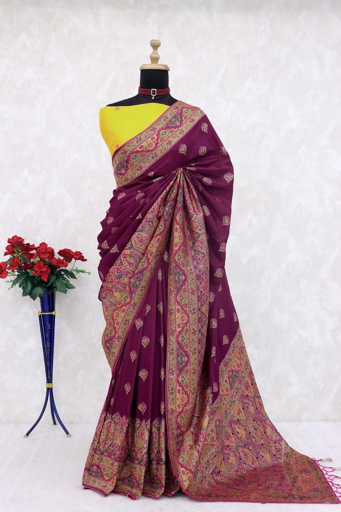 Royal Paithani Elegance Soft Silk Saree with Pashmina Weaving & Contrast Border - WINE