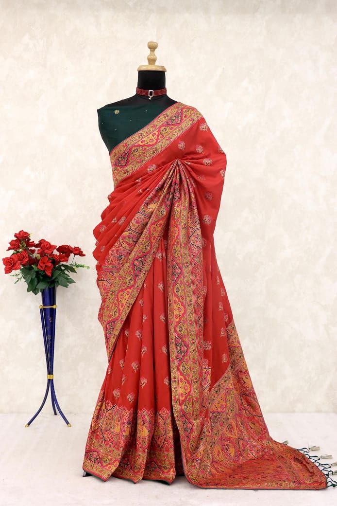 Royal Paithani Elegance Soft Silk Saree with Pashmina Weaving & Contrast Border - RED
